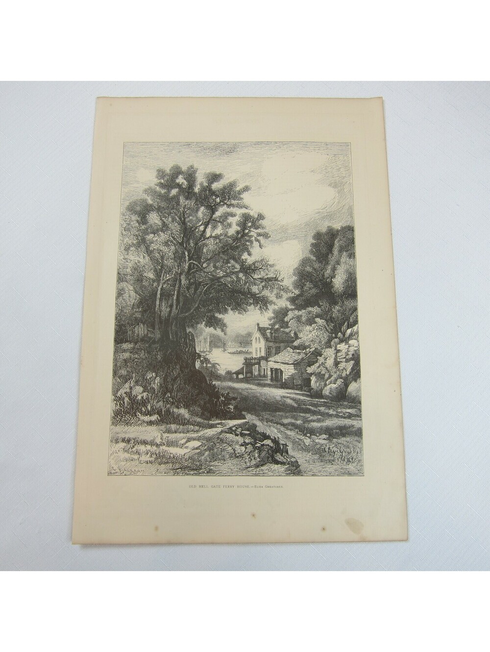 Antique 1873 Wood Engraving Print Old Hell Gate Ferry House by Eliza Greatorex